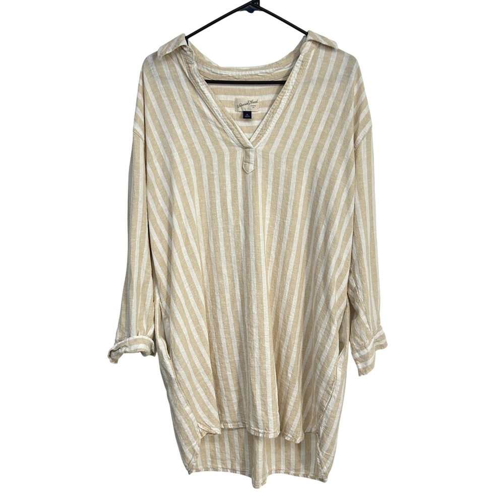 Linen Blend Hooded Tunic Beach Cover Up XL Beige White Striped Coastal Resort